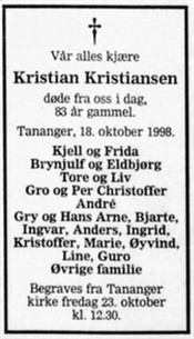 1998.10.20 - Aftenbladet dødsannonse - Kristian Kristiansen - d1998.10.18 b1998.10.23